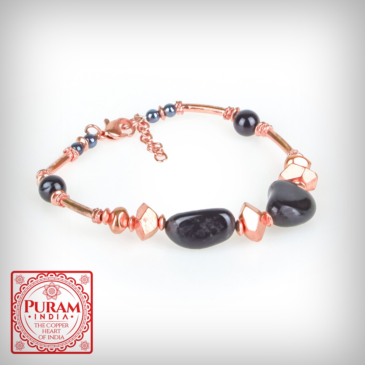 Bransoletka miedziana z kamieniami naturalnymi - wzór 10 - Onyks - 6682