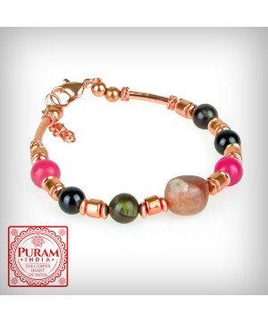 Bransoletka miedziana z kamieniami naturalnymi - wzór 6 - Onyks/Tiger Eye/Agat - 6690
