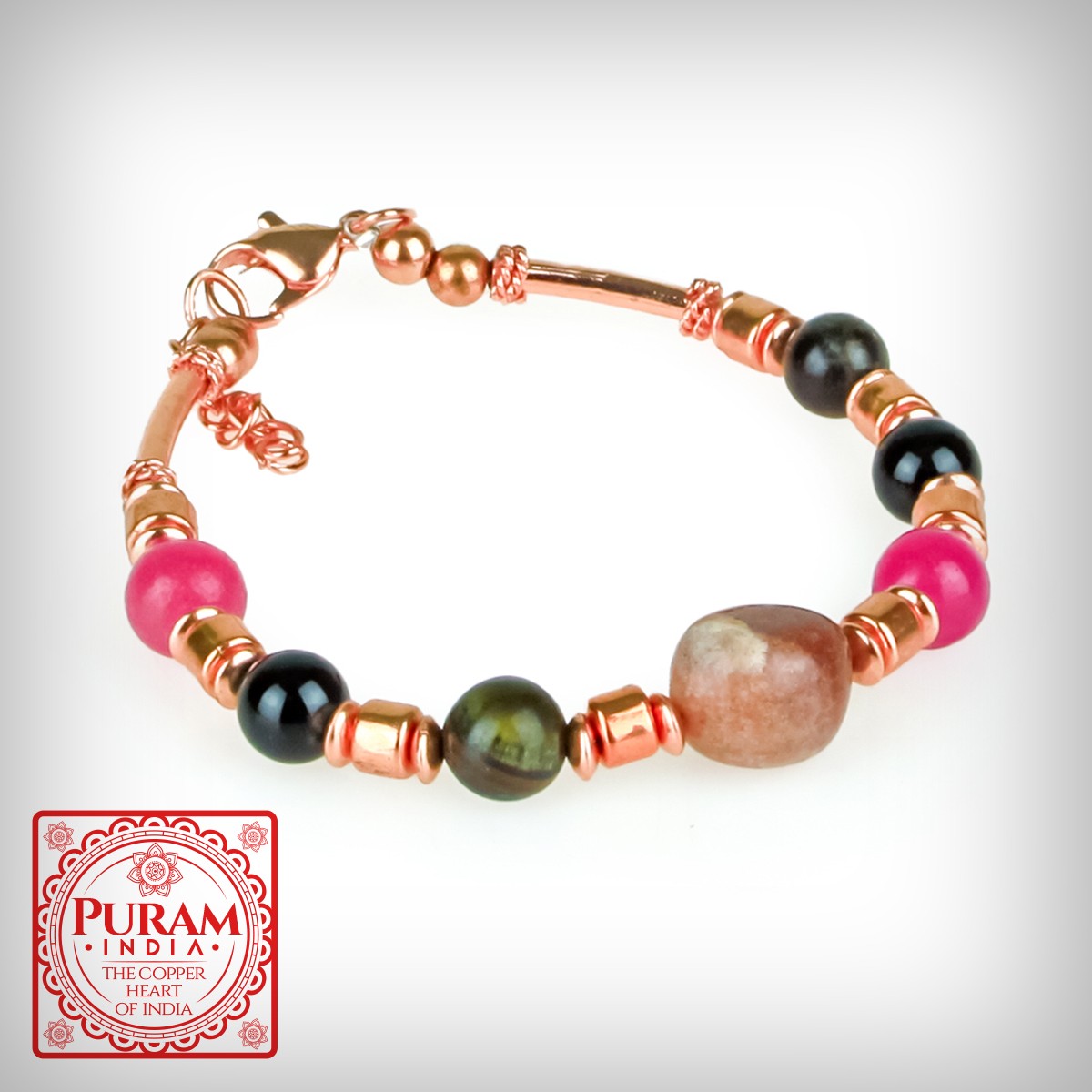 Bransoletka miedziana z kamieniami naturalnymi - wzór 6 - Onyks/Tiger Eye/Agat - 6690