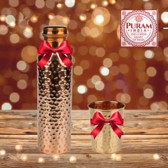 Miedziana butelka młotkowana 1000ml + kubek