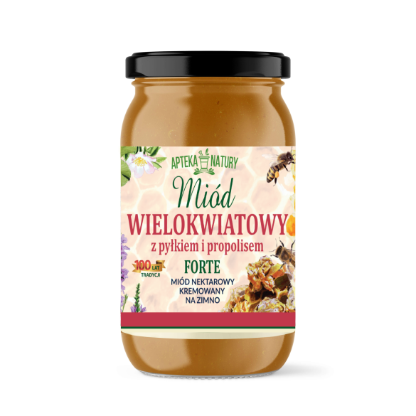 Miód WIELOKWIATOWY Z PYŁKIEM I PROPOLISEM - 1010 g - Apteka Natury