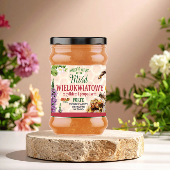 Miód WIELOKWIATOWY Z PYŁKIEM I PROPOLISEM - 370 g - Apteka Natury